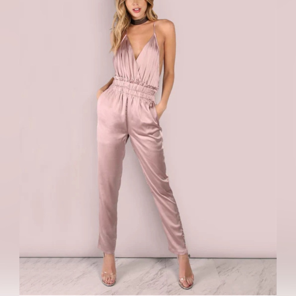 Low Back Cross Back Satin Jumpsuit, Color DUSTY PINK, Size Small.